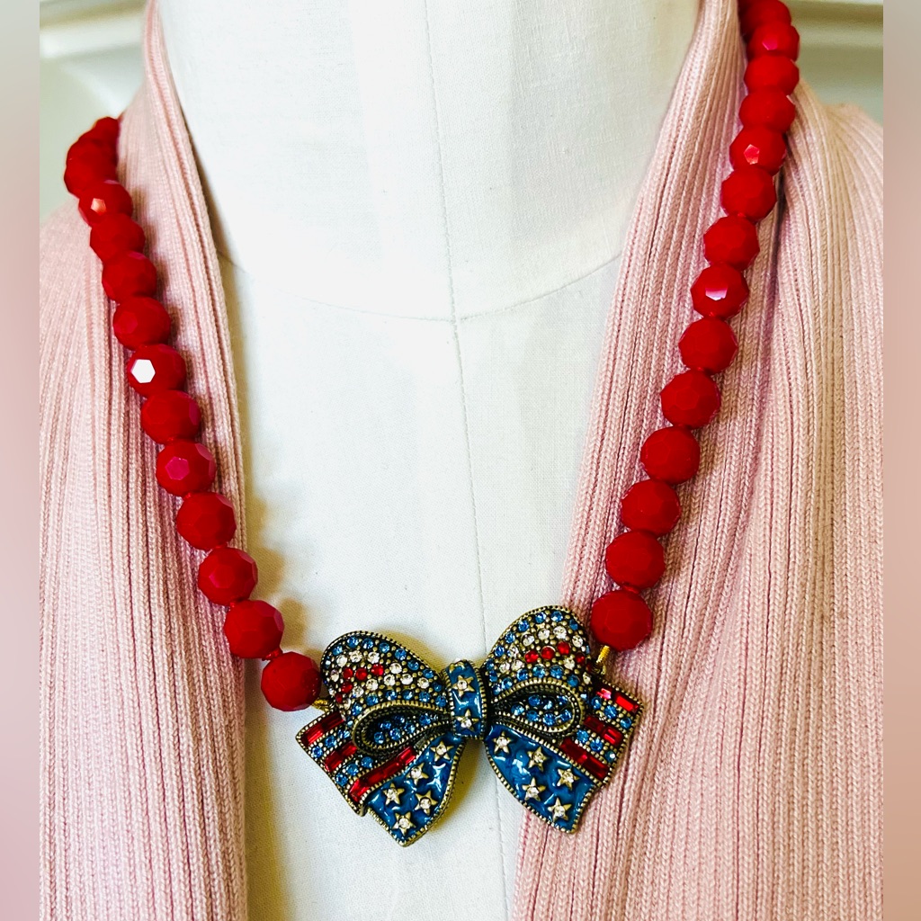 Heidi Daus Red White And Blue Bow Beaded Crystal Necklace 119$